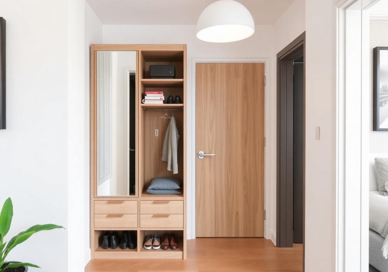 Light oak compact unit with mirror and hanging hooks.