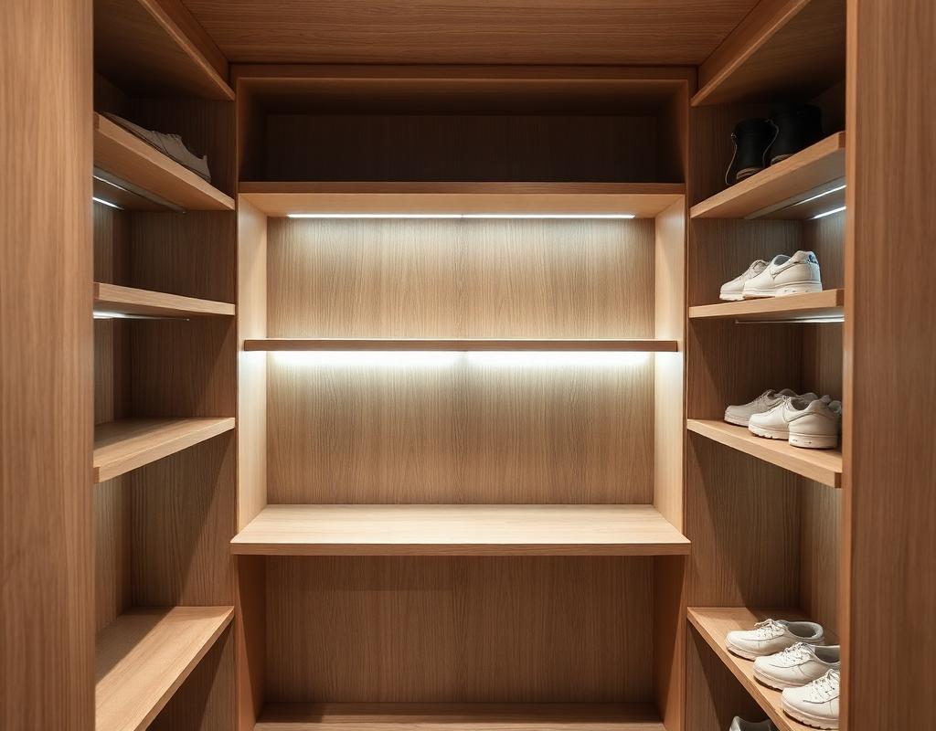 Lit interior of a built-in shoe wall — subtle warm strip lighting.