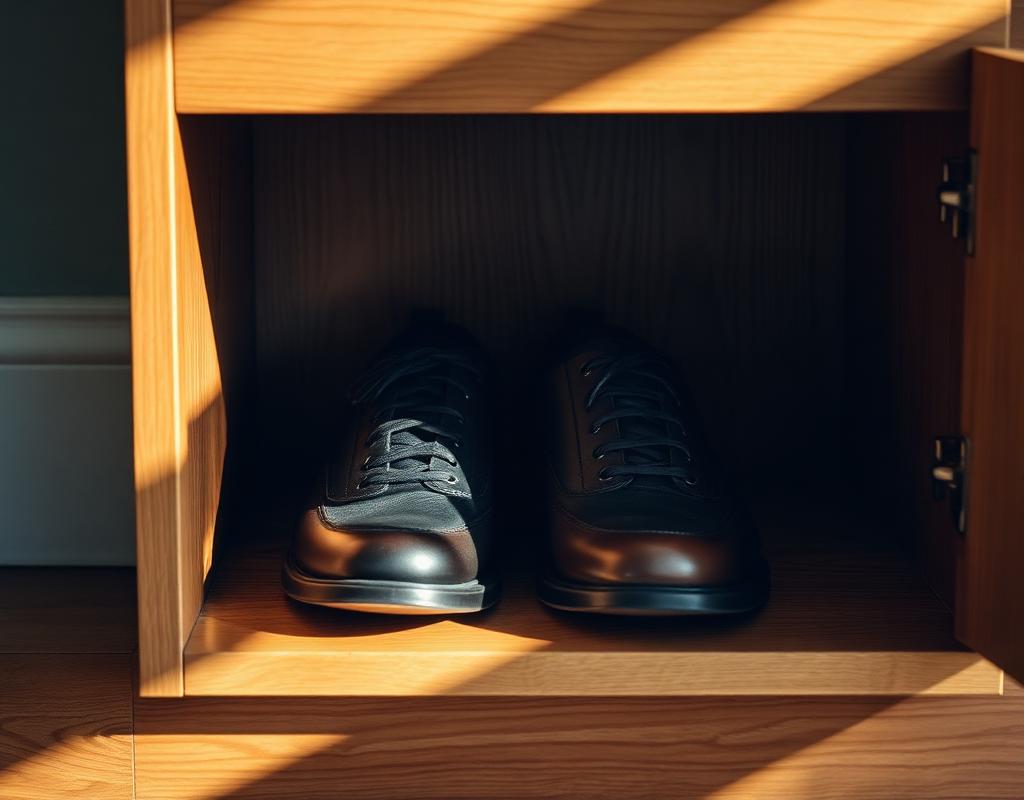 Bottom shelf detail — single pair, dramatic side light.