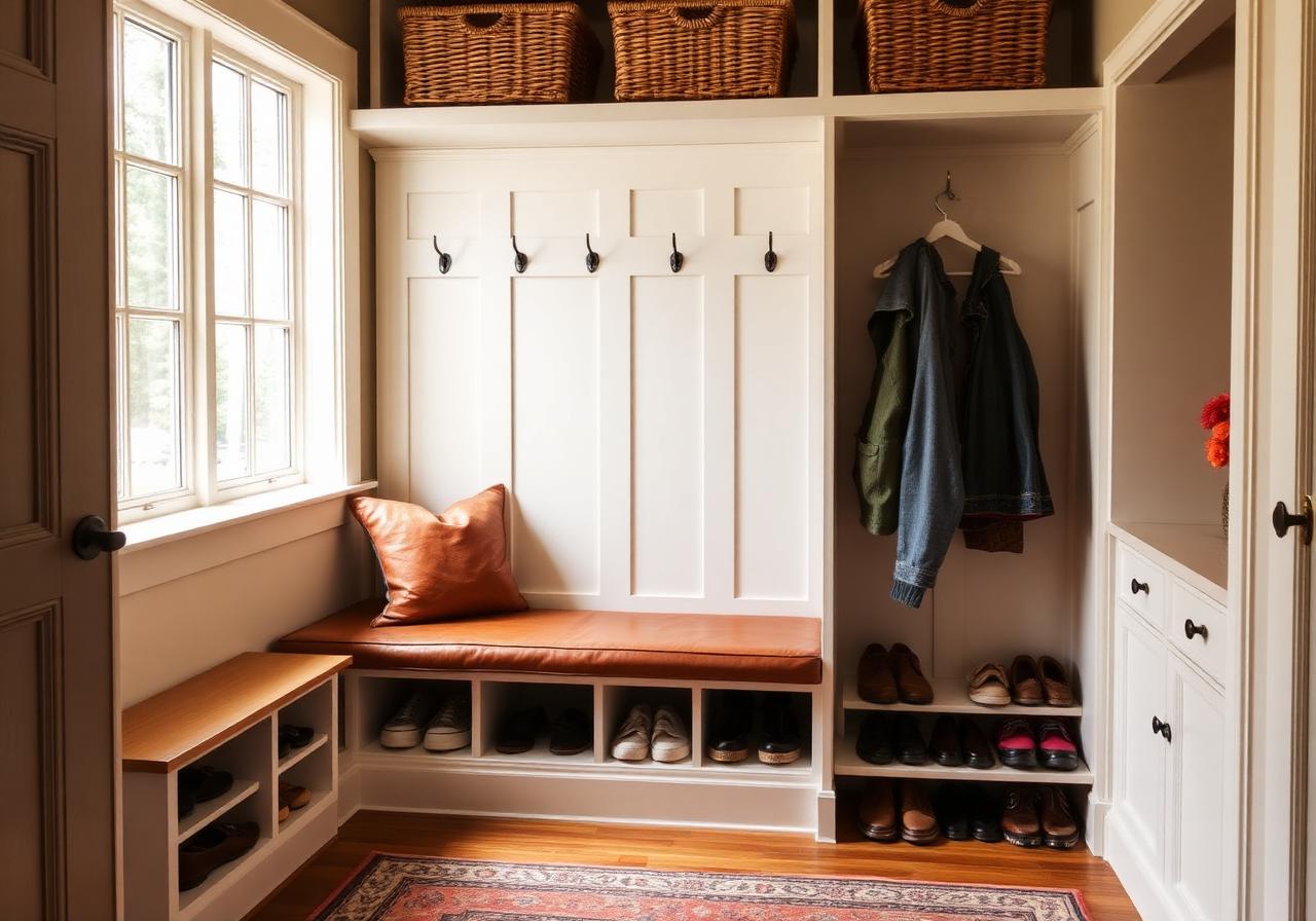 Built-in mudroom bench with leather pad and basket storage above.