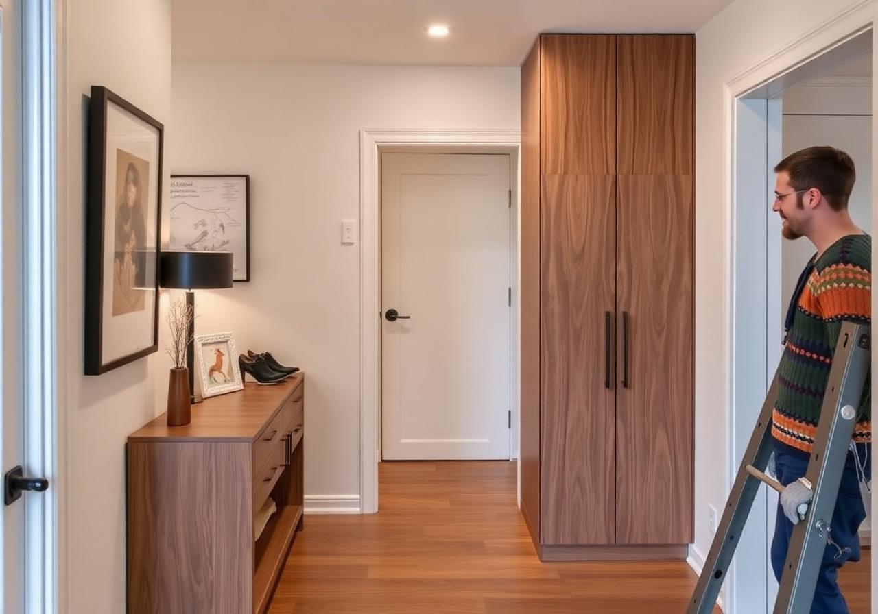 Walnut full-height cabinet replacing an old wardrobe during a flat renovation.
