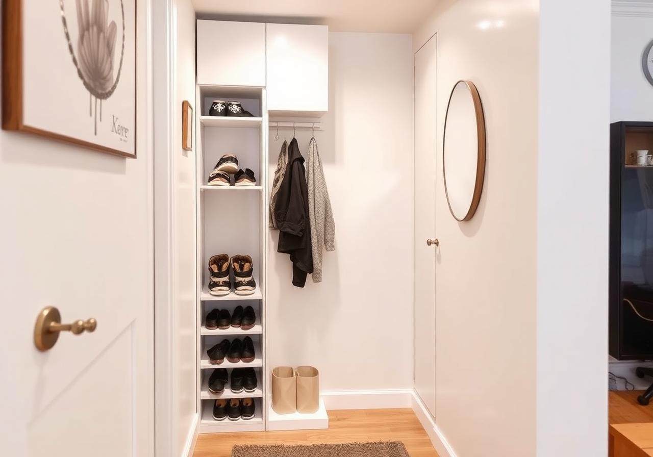 Slim full-height cabinet with mirror panel — opens up a narrow entry.
